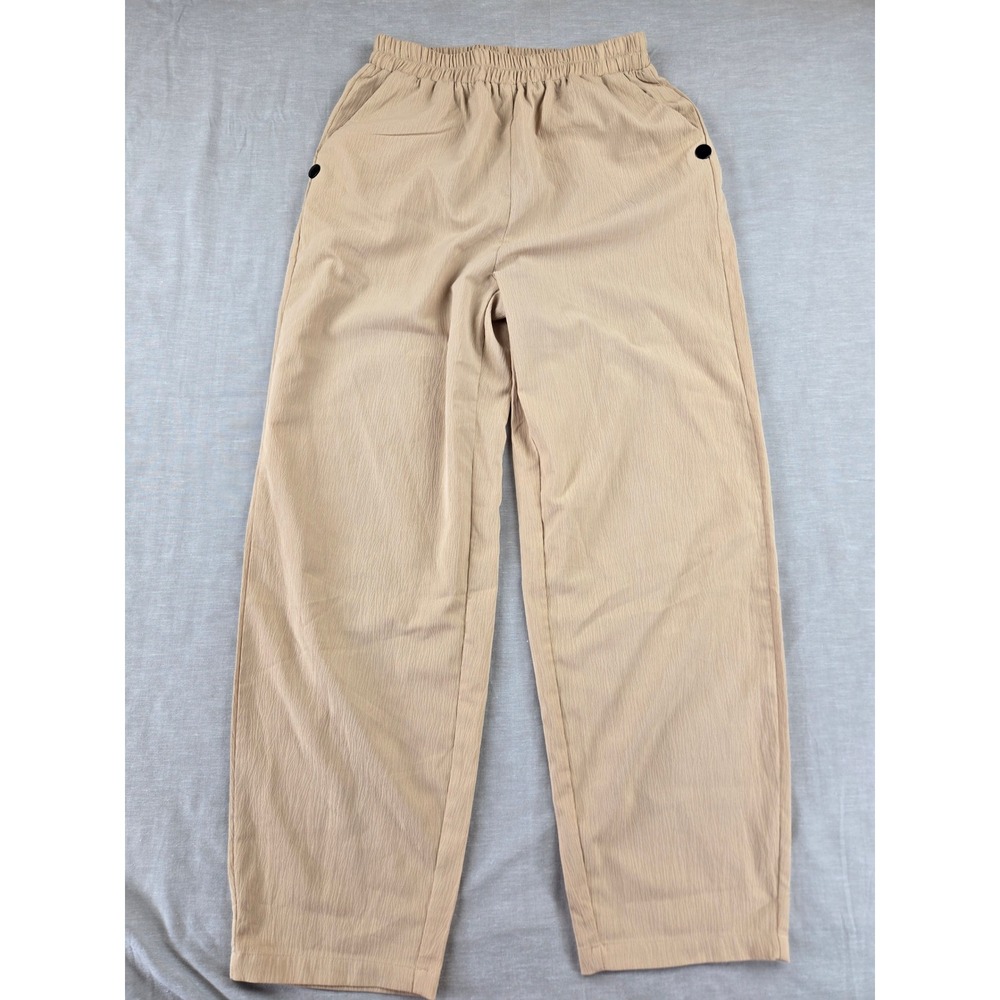 Tan Textured Crinkle Wide Leg Elastic Waist Unbranded Pants Size M Side Pockets